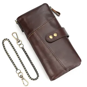 Vintage genuine leather long wallet for men with metal chain brown bifold clutch purse