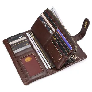 Vintage brown leather long wallet for men women, multiple card slots zipper coin pocket.