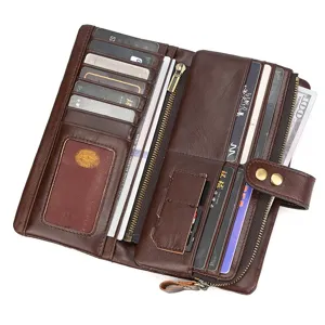 Vintage genuine leather long wallet for men women, multi card slots RFID blocking wallet