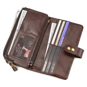 Detailed view of genuine leather long wallet interior featuring card slots and zipper pocket.