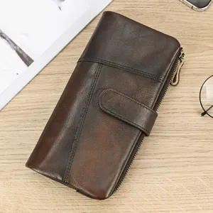 Vintage Genuine Leather Long Wallet For Men Multi Card RFID Blocking Chain Wallet Retro Distressed Purse
