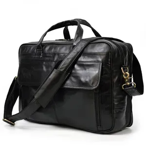 Borsa da lavoro elegante in vera pelle nera da uomo con doppi manici e tracolla regolabile.