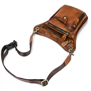 Vintage genuine leather men drop leg bag tactical waist multi-pocket cool motorcycle hip pouch