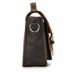 Vintage brown leather messenger bag side view, premium casual crossbody bag with hardware.