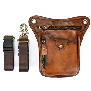 Vintage genuine leather drop leg bag for men, tactical waist pack with multiple adjustable straps.