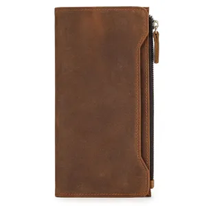 Cartera larga de cuero vintage crazy horse para hombre, billetera bifold con tarjeteros.