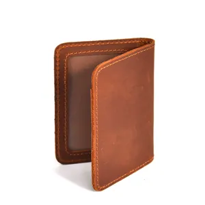 Vintage genuine leather bifold card holder, minimalist ID wallet with clear window slot main image