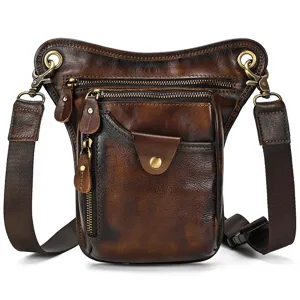 Men vintage genuine leather drop leg bag tactical waist pack multiple zipper dark brown