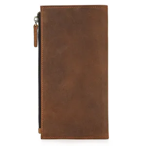 Cartera larga de cuero marrón para hombre con bolsillo con cremallera, estilo vintage clásico.