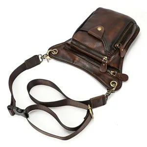 Vintage leather drop leg bag for men, multi-zipper tactical waist pouch in dark brown.