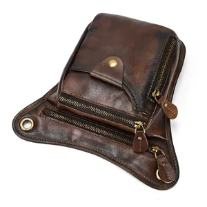 Vintage genuine leather drop leg bag for men, tactical waist bag with multiple zipper pockets.