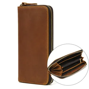 Heren Vintage Echt Lederen Lange Portemonnee Bifold Rits Meerdere Kaarthouder Grote Capaciteit Tas