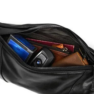 Men's genuine leather crossbody chest bag in black oil leather, perfect for casual use.