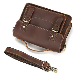 Retro crazy horse leather messenger bag detail, genuine leather mens shoulder bag with strap.