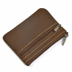 Close-up detail shot of retro genuine leather coin purse with double zipper and brown color.