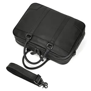 Men's genuine leather briefcase black business laptop bag with shoulder strap and handles.