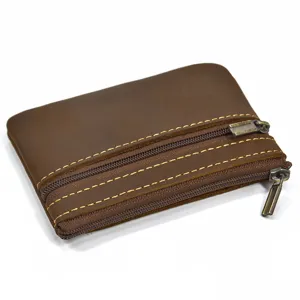 Close-up detail of vintage genuine leather coin purse with double zippers and texture.