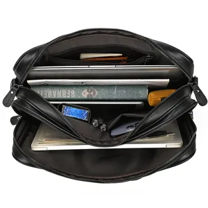 Black leather business briefcase for men, multi-compartment laptop bag interior detail.