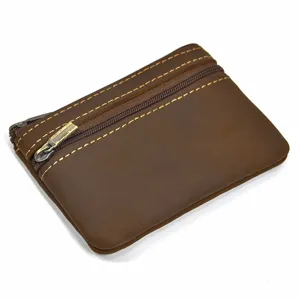 Vintage genuine leather coin purse with zipper, retro brown minimalist compact card wallet.