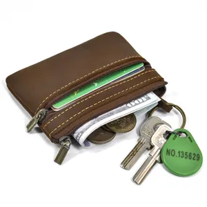 Vintage genuine leather zipper coin purse wallet with card slots and key ring for daily use.