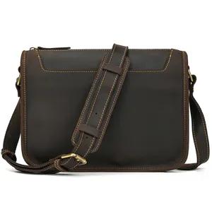 Vintage dark brown crazy horse leather messenger bag for men, stylish crossbody shoulder bag.