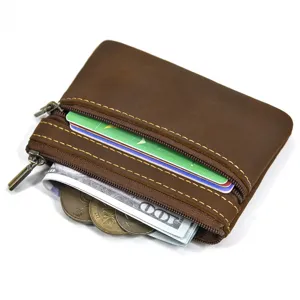 Detail view of retro leather coin purse featuring double zipper pockets and card slots.