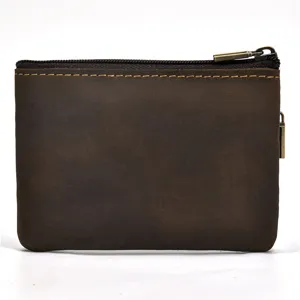 Vintage genuine leather zipper coin purse, mad horse leather minimalist portable mini pouch.