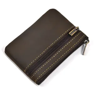 Close-up detail of vintage crazy horse leather coin purse with double zipper design and stitching.