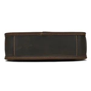 Retro crazy horse leather men bag bottom detail shot, genuine leather vintage briefcase feature.