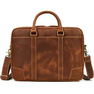 Detailed view of genuine leather briefcase texture, vintage style, durable metal hardware.