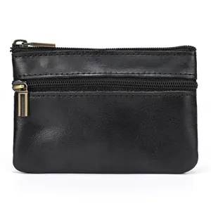 Close-up detail of the black genuine leather coin purse with double zipper design.