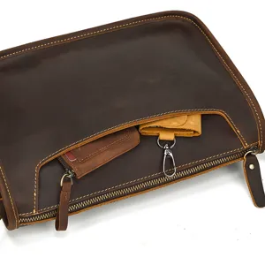 Close up view of vintage crazy horse leather bag pocket, showing fine stitching and durable zipper.
