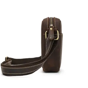 Vintage crazy horse leather men messenger bag side detail view durable crossbody bag