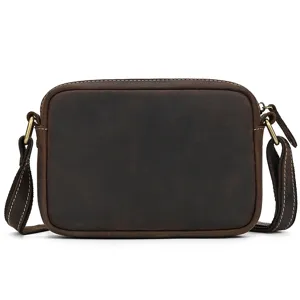 Vintage brown crazy horse leather men's shoulder bag, durable crossbody bag detail view for travel.