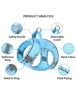 Blaues Mesh-Hundegeschirr Detail mit sicherer Schnalle, Metall-D-Ring und Reflektoren.