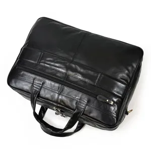 Borsa da lavoro in pelle nera, vista dettagliata del materiale pregiato e manici.