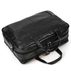 Vista dettagliata della borsa da lavoro in pelle nera, elegante borsa per laptop con zip.