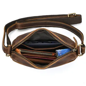Vintage crazy horse leather men shoulder bag retro crossbody bag with multi-layer pockets