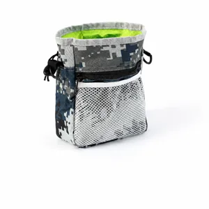 Camouflage pet treat training pouch with mesh pocket and drawstring closure for outdoor.