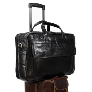 Borsa da lavoro in pelle nera, borsa per laptop da 16 pollici con manico e trolley.