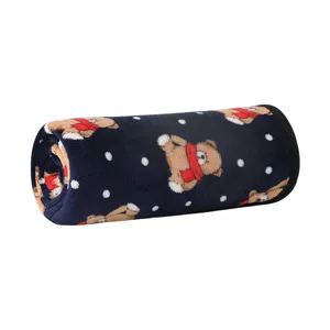 Rolled blue flannel pet blanket with cute teddy bear pattern for warm cats and dogs daily use.