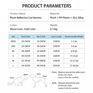 Suede reflective pet chest harness and leash set for small dogs and cats with size chart.
