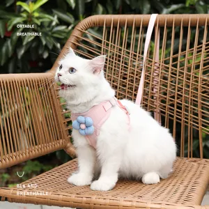 Pink floral cat harness and leash set, breathable mesh vest for daily pet walking.