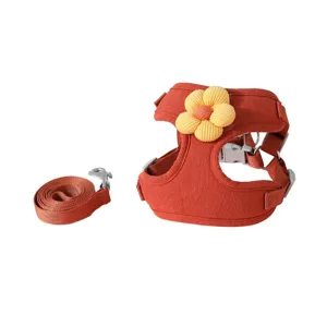 Red floral pet dog harness and leash set for small dogs puppy walking outdoor anti-escape