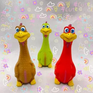 Cute latex squeaky dog chew toys set of three colorful funny chicken figures for pets play.