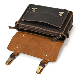 Vintage men's crazy horse leather messenger bag casual shoulder crossbody bag detail view