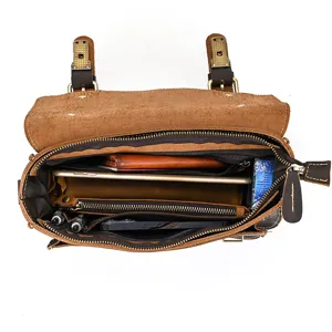 Vintage crazy horse leather men messenger bag multi-pocket crossbody bag large capacity brown