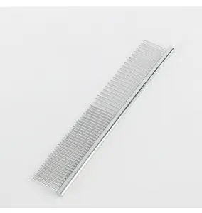 Stainless steel pet grooming comb detail view for cats and dogs, effective for floating hair.