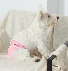 Cute pink dog sanitary pants for female pets, comfortable menstrual hygiene diapers with strawberry print.