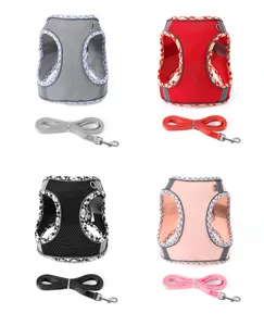 Mesh pet harness and leash set for small dogs and cats, breathable vest with reflective strip.